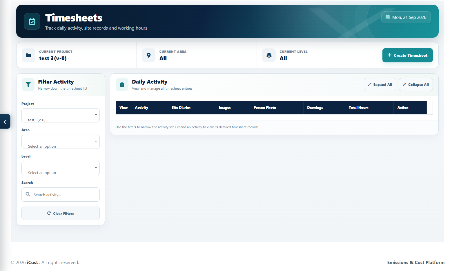I-Cost site activity and timesheets