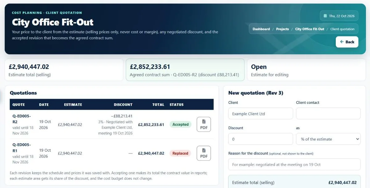 I-Cost client quotation built from the estimate, with discount and agreed sum