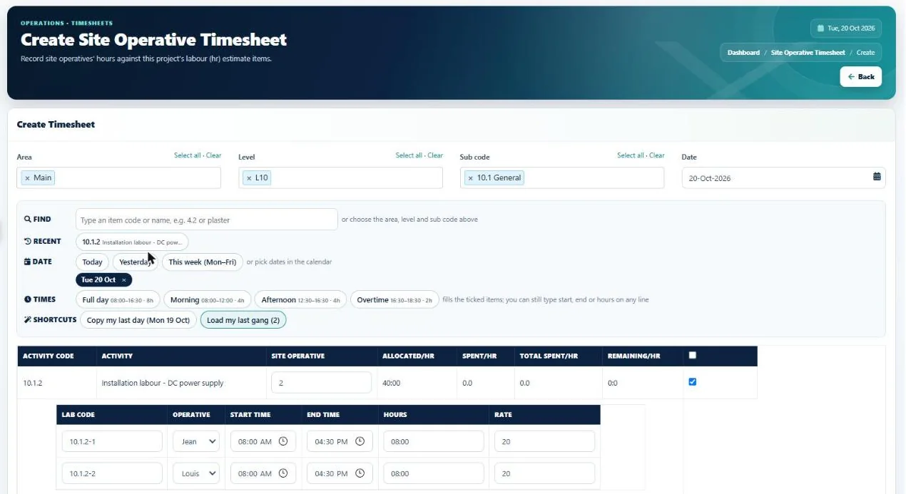 I-Cost site operative timesheet with quick time buttons and hours against estimate items